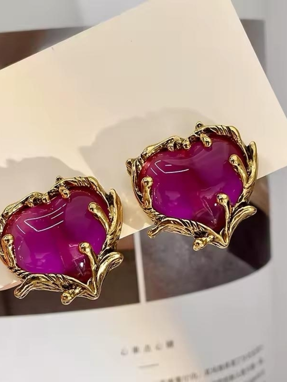 Gold-Tone Pink Heart Statement Earrings